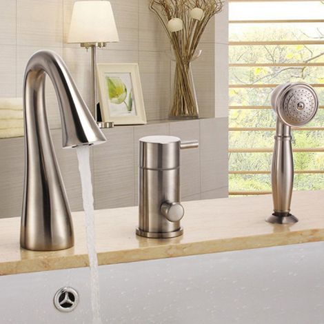Robinet de Baignoire et Lavabo 3 Pièces en Laiton Brossé, Mitigeur Eau Froide et Chaude, Douche Tirable (1/5)