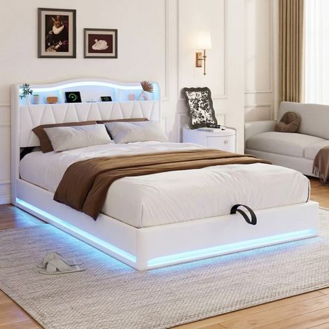 Cama 140x190 cm - Cama con arcón 140x190 cm con somier - Cama doble con LED - Arcón de almacenamiento - 2 personas - Tela de terciopelo Beige (1/5)
