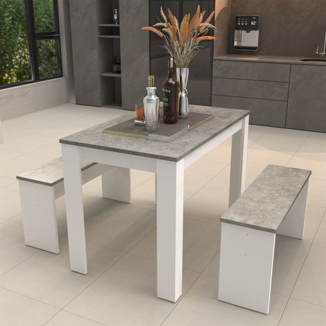 Abrihome Dining Table Set,  3-Piece Dining Table and Bench Set 4-Person Space-Saving Dinette for Kitchen, Dining Room(Grey and White) (1/5)