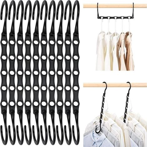 Set of 10 black plastic magic hangers – Optimizes storage space – Length 41.5 cm – Hangs up to 5 garments (1/5)