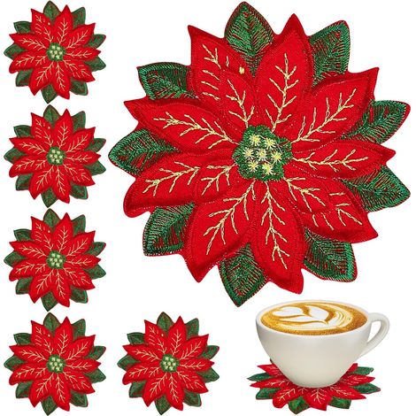10er-Set bestickte Weihnachtsuntersetzer, doppellagige Untersetzer mit Weihnachtsstern-Applikation, weihnachtliche Blumenuntersetzer, perfekt für Weihnachten, Winterfeiertage, Zuhause, Küche, Büro und