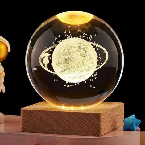 Veilleuse, Lampe Boule de Cristal 3D avec LED 1 Socle en Bois, Créatif Transparent Planete Veilleuse Adulte Enfants (Pla VEILLEUSE (1/5)