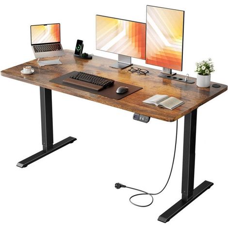 Escritorio Elevable Eléctrico EcoFurnix, 100 x 60 cm, Altura Ajustable 72-117 cm, con Toma de Corriente Integrada y Puerto USB, Marrón Vintage