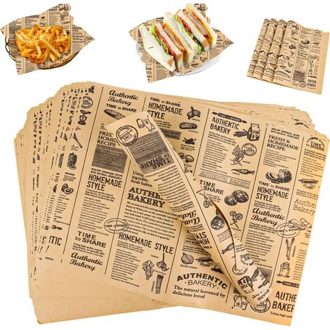 100 Feuilles Papie Emballage Alimentaie Style Jounal Vintage - Pou Fites, Buge, Pizza, Pain, Sandwich, Hambuge - Camping (1/3)