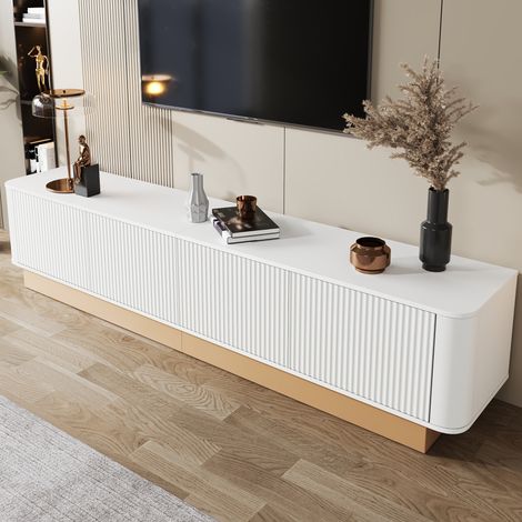 Meuble TV 200 cm avec portes gaufrées, style luxueux, 4 vantaux et grand rangement, commode multimédia pour salon, étagères réglables en hauteur, coins arrondis, design minimaliste moderne, panneaux M (1/5)