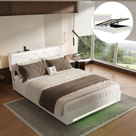 Grand lit 2 places 160x200cm, lit coffre, Tête de lit réglable, avec port USB et LED, Sommier à Lattes,  Chambre moderne, Beige, lin