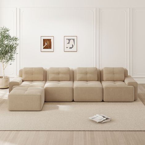Canapé désossé salon,modulaire avec chaise longue L,canapé bas 4 places velours Cloud,sans montage,antidérapant,beige