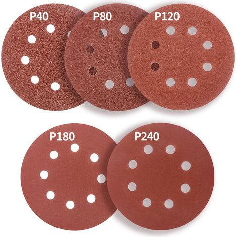 Disques de Ponçage Papier Abrasifs 125mm.8 trous,50 pièces Disques Ponceuse: Disques abrasifs perforés auto-agrippant 125 mm Grain 40 80 120 180 240 pour Random Orbital Sander,Poncer/Polir (1/5)
