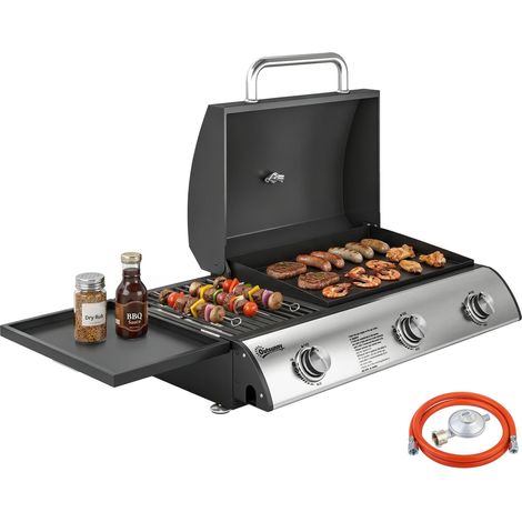 Barbecue à gaz 3 brûleurs de 7,5 kW avec grille, plaque de cuisson, grille latérale convertible et thermomètre, noir. (1/5)