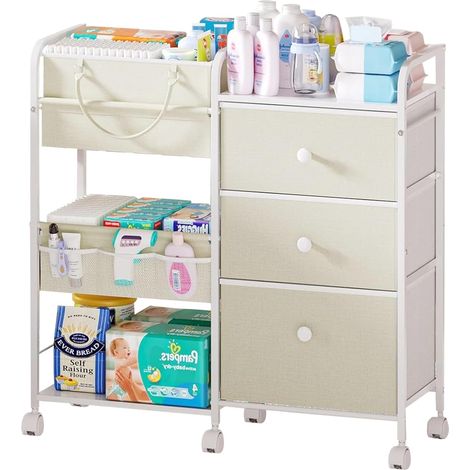 Chariot de Rangement Bébé 2-en-1 à roulettes, Organisateur Multi-Fonction avec Tiroirs et Compartiments, Grande Capacité pour Table à Langer, Lit, Berceau et Chambre de Bébé(Blanc) (1/5)