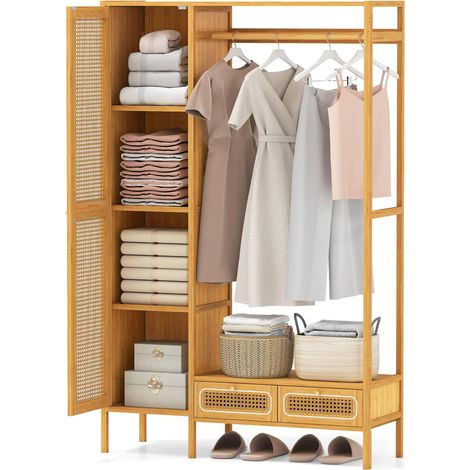 COSTWAY Appendiabiti in Bambù, Porta Abiti con Armadietto Mensola e Cassetti, Organizzatore di Armadio Autoportante per Ingresso Camera da Letto, 102 x 33 x 160 cm (1/5)