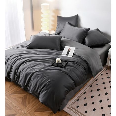 Linge de lit en lin satiné aspect soie, pour lit double, 6 pièces : drap-housse 230x240 cm, housse de couette 200x230 cm et 4 taies d’oreiller, UNI, gris foncé. (1/5)