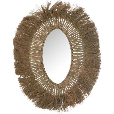 Miroir ovale tressé en herbe naturelle style bohème chic - Herbe naturelle beige marron (1/2)