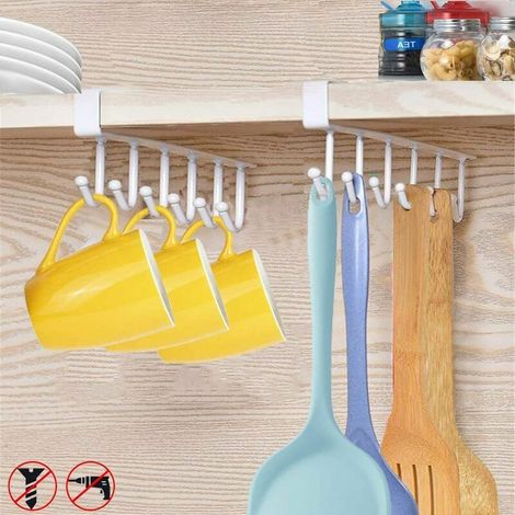 2 Stück Tassen, Tassen, Gläser, Haken, Küchenutensilien, Krawatten, Gürtel und Schal, Hängeregal, Haken unter dem Schrank, ohne Bohren (weiß)