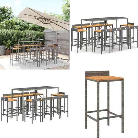 Ensemble de bar jardin 11pcs gris poly rotin/bois massif acacia - Ensemble Salon De Jardin - Mobilier De Jardin - Set De Bar Extérieur - Table Et Chaises De Jardin - Chaise De Bar - Home & Living (1/5)