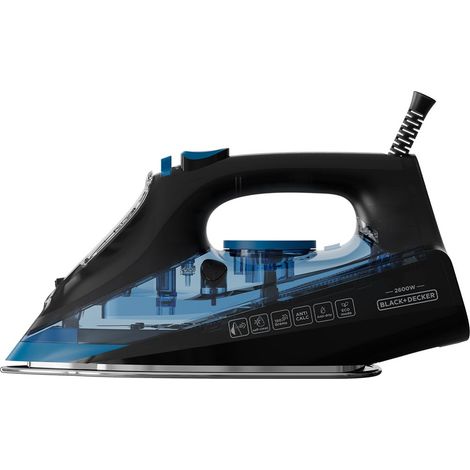 Black+Decker - Plancha de Vapor BXIR2606E 2600W  Golpe de Vapor 150 g/min  Suela de Cerámica  Punta de Precisión  Sistema Antigoteo  Doble Sistema Antical  Función Spray  Planchado Vertical