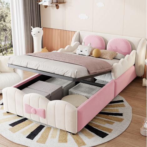 Kinderbett 90x200 cm beige aus Samt mit Flügeldesign, Stauraum und 2 Zierkissen (1/5)