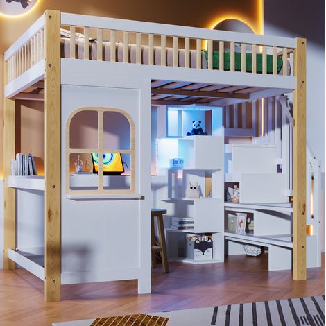 Lit mezzanine 140x200 cm en pin et MDF blanc et naturel, avec bureau, rangements, LED et sommier inclus (1/5)