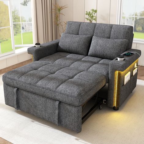 Sofá cama de 2 plazas con LED, puertos USB/Type-C y respaldo ajustable, gris HAVRYA (1/5)