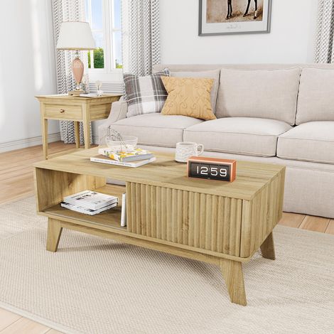 Table Basse Scandinave 95x48x41 cm, avec Porte Coulissante et Pieds en Bois, Grand Rangement Bout de Canapé, Design Moderne Salon (1/5)