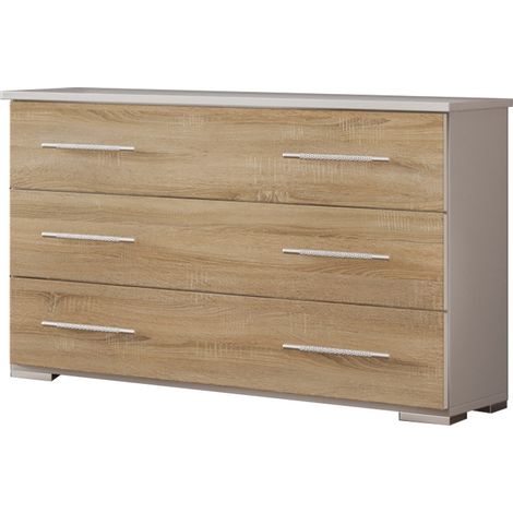 Commode 3 grands tiroirs bois blanc brillant et bois naturel mat Dova 100cm (1/3)
