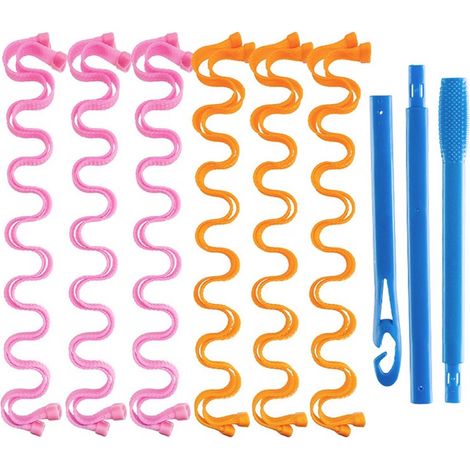 Ensemble de fers à friser, fer à friser magique DIY 12 pièces, crée des boucles ondulées et spirales sans chaleur, convient aux femmes, cheveux courts et mi-longs, couleur rose-orange, 55 cm. (1/5)