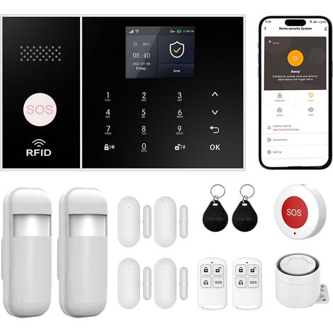 Système d’Alarme sans Fil 4G/GSM/WiFi pour Maison/Appartement, Sécurité avec Capteurs Porte/Fenêtre, Détecteur Mouvement PIR (1/5)