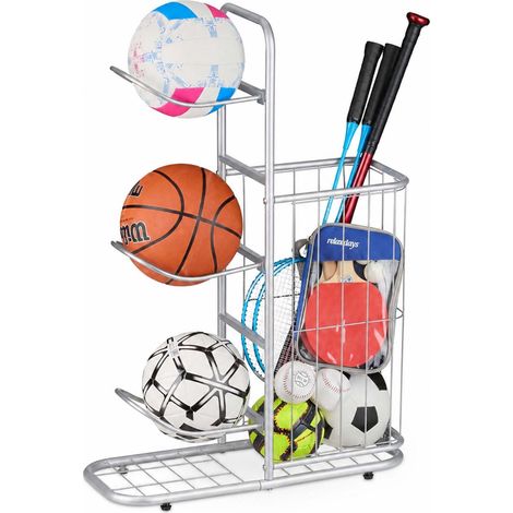 Silver Metal Ball Rack with 4 Shelves and Basket (1/5)