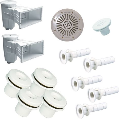 Kit complet de pièces à sceller pour piscine enterrée liner 10m x 5m – Inclus skimmers grande meurtrière et bonde de fond – Quatre buses de refoulement orientables – Piscineo