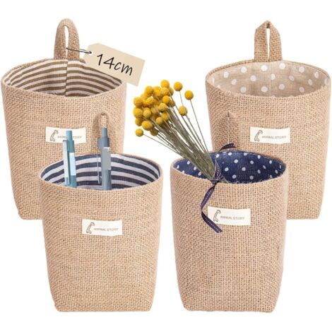 4 Pièces Petit Panier de Rangement, Panier de Rangement en Coton et Lin, Petit Panier Osier, Pliable, avec Crochet, pour Cosmétiques, Clés, Petits Objets (1/5)