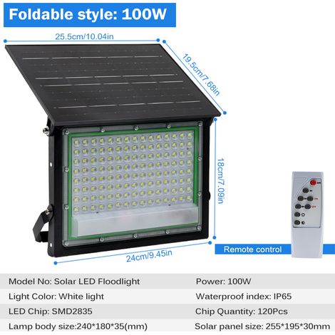Lampe LED extérieure solaire intégrée avec technologie accordéon, détection automatique de luminosité et résistance IP65 – 100 W, lumière blanche froide (6500 K), idéale pour jardin, allée et terrasse