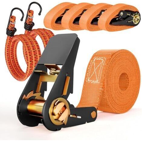 4 x Ratchet Straps 4 m, Tie Down Straps 1000 kg, 2 Pieces Motorcycle Straps with Hook, for Cars, Trolleys, Motorcycles, Luggage, Camping, Fixed Loads (1/5)