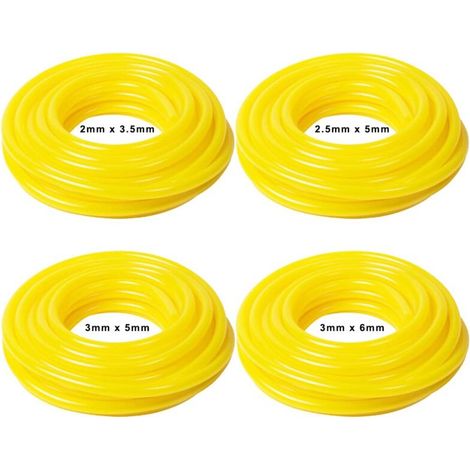 Kit de 4 tuyaux en PVC pour carburant – Longueur 1,5 m – Diamètres internes : 2,5 mm, 3 mm, 2 mm et 3 mm – Diamètres externes : 5 mm, 5 mm, 3,5 mm et 6 mm – Résistant à l’essence, au diesel et à l’hui