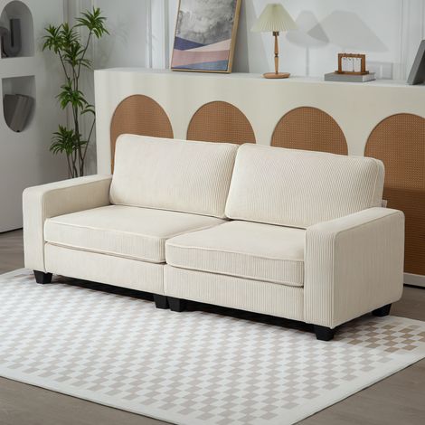 Sofá de 3 plazas con funda de pana, sofá de salón con núcleo de muelles, hasta 400 kg, 227 x 84 x 87 cm, blanco crema. (1/5)