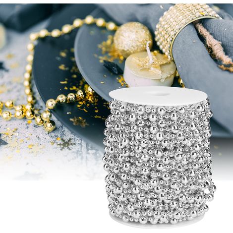 Guirlande de perles artificielles de 20 m, couleur argent, idéale pour décorer un sapin de Noël, un rideau de mariage ou pour des créations DIY. (1/5)