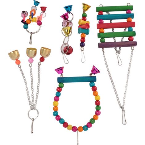 Ensemble de jouets pour oiseaux : perchoirs à mâcher et à grimper colorés avec clochettes, pour perruches, calopsittes et inséparables. (1/5)