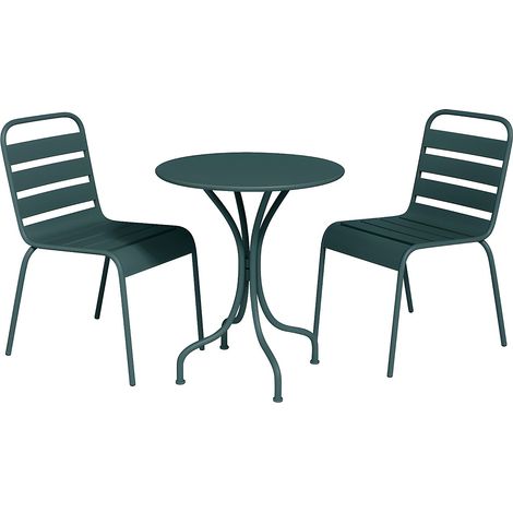 Salle à manger de jardin en métal - une table D.60cm et 2 chaises empilables - Vert sapin - MIRMANDE de MYLIA