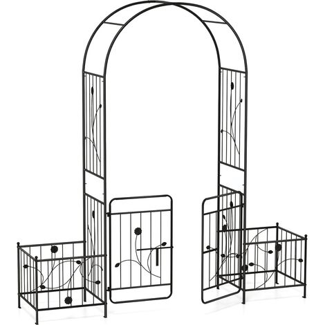 Arche de jardin noire en métal avec portail à verrou, 2 jardinières et treillis pour jardin, terrasse et mariage (1/5)
