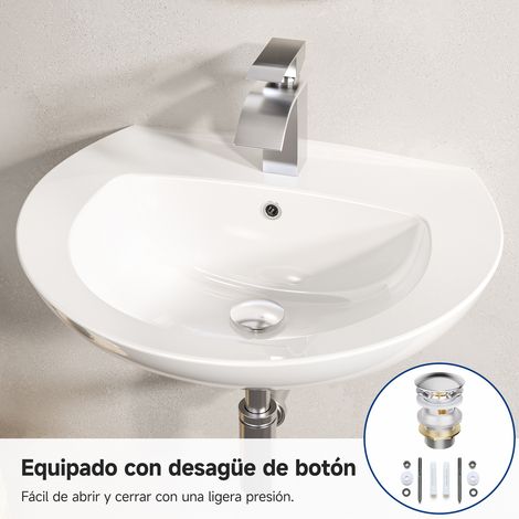 CECIPA MAX Lavabo de cerámica de 57 x 45 cm – Lavabo mural semicircular blanco con rebosadero – Incluye válvula clic-clac – Acabado brillante, para baño y aseo de invitados (1/5)