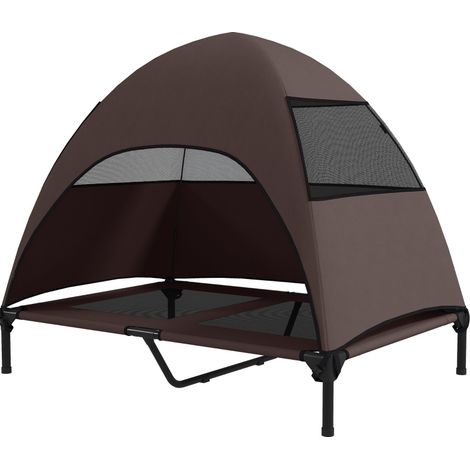 Lit surélevé pour chien extérieur avec toit, couchage respirant et pliable, 106 x 76 x 99 cm, pour grands chiens jusqu'à 30 kg, couleur café  CHICFURN (1/5)