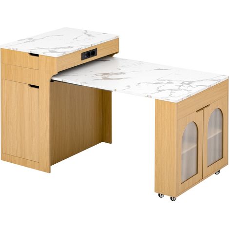 Ausziehbare Kücheninsel auf Rollen aus MDF mit Glastüren und Steckdosen, Natur (1/5)