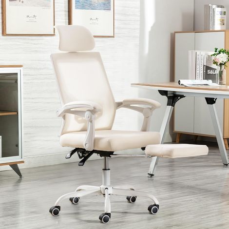 UEV Sedia da Ufficio Ergonomica con Poggiapiedi, Sedia da Scrivania con Poggiatesta Regolabile, Supporto Lombare, Regolabile in Altezza, Inclinabile, Fino a 136 kg, Tessuto Traspirante, Beige