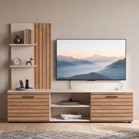 Parete attrezzata Berno14 con 2 ante e vano a giorno e mensole colore cashmere e frontali effetto legno (1/5)