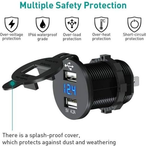 Prise USB double étanche 5V 2.1A pour voiture – Affichage LED de tension – Compatible DC 12-24V – Installation rapide – Matériau AB (1/5)