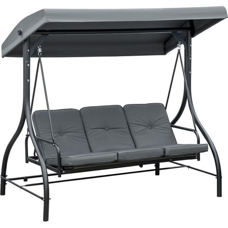 Outsunny 2-in-1 3-Sitzer Hollywoodschaukel mit Liegefunktion & Verstellbarem Sonnendach bis 240kg Belastbar - Dunkelgrau 195x117x175cm (1/5)