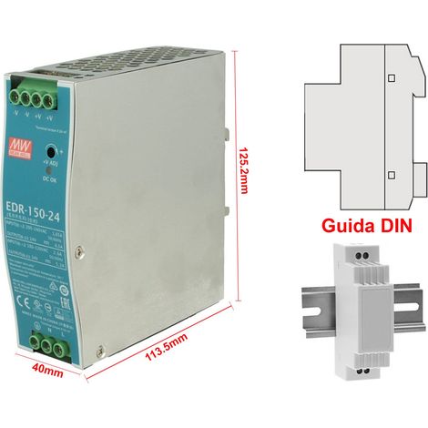 MW MEAN WELL EDR-150-24 Trasformatore Rotaia Industriale 24V 156W 6,5A Barra Guida DIN Rail Power Supply Universale (1/3)