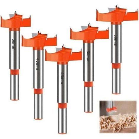 5 Pièces (rouge) Mèches Bois, 30/40/45/50/60mm Fraises à Bois Carbure, Forets Meches a Bois, Queue Ronde Jeu de Forets, Drill Bits, pour Faire la Décoration Tiroirs, les Meubles et DIY (1/4)