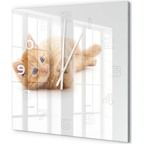 Grande Horloge Murale Carrée Verre Trempé Design Épuré Silencieuse pour Intérieur Chat roux 60x60 cm (1/5)