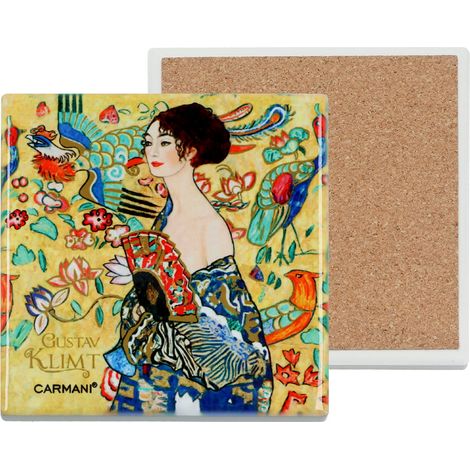 Carmani, sottobicchiere quadrato in ceramica - Klimt/Donna con ventaglio (1/4)