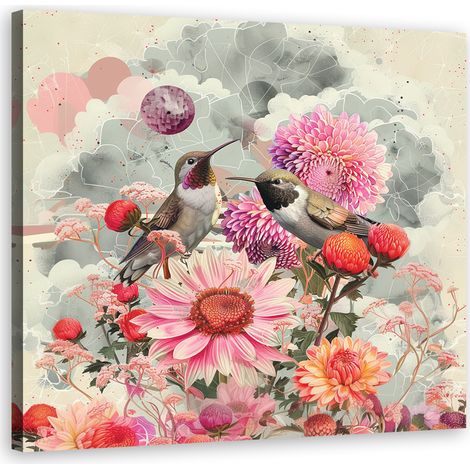 Tableau déco Fleurs et oiseaux colorés 40x40 (1/5)